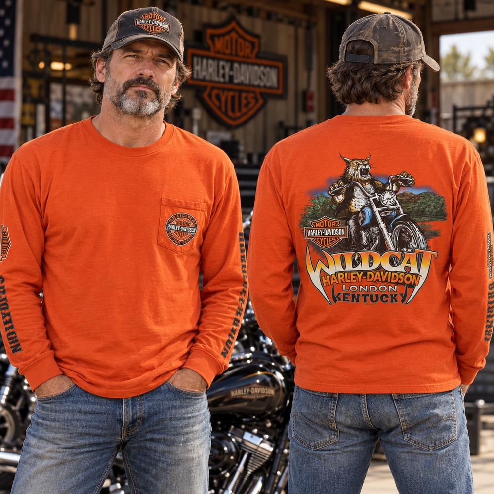 Harley-Davidson Men's XL Orange Wildcat London KY Long Sleeve Biker Grunge Shirt